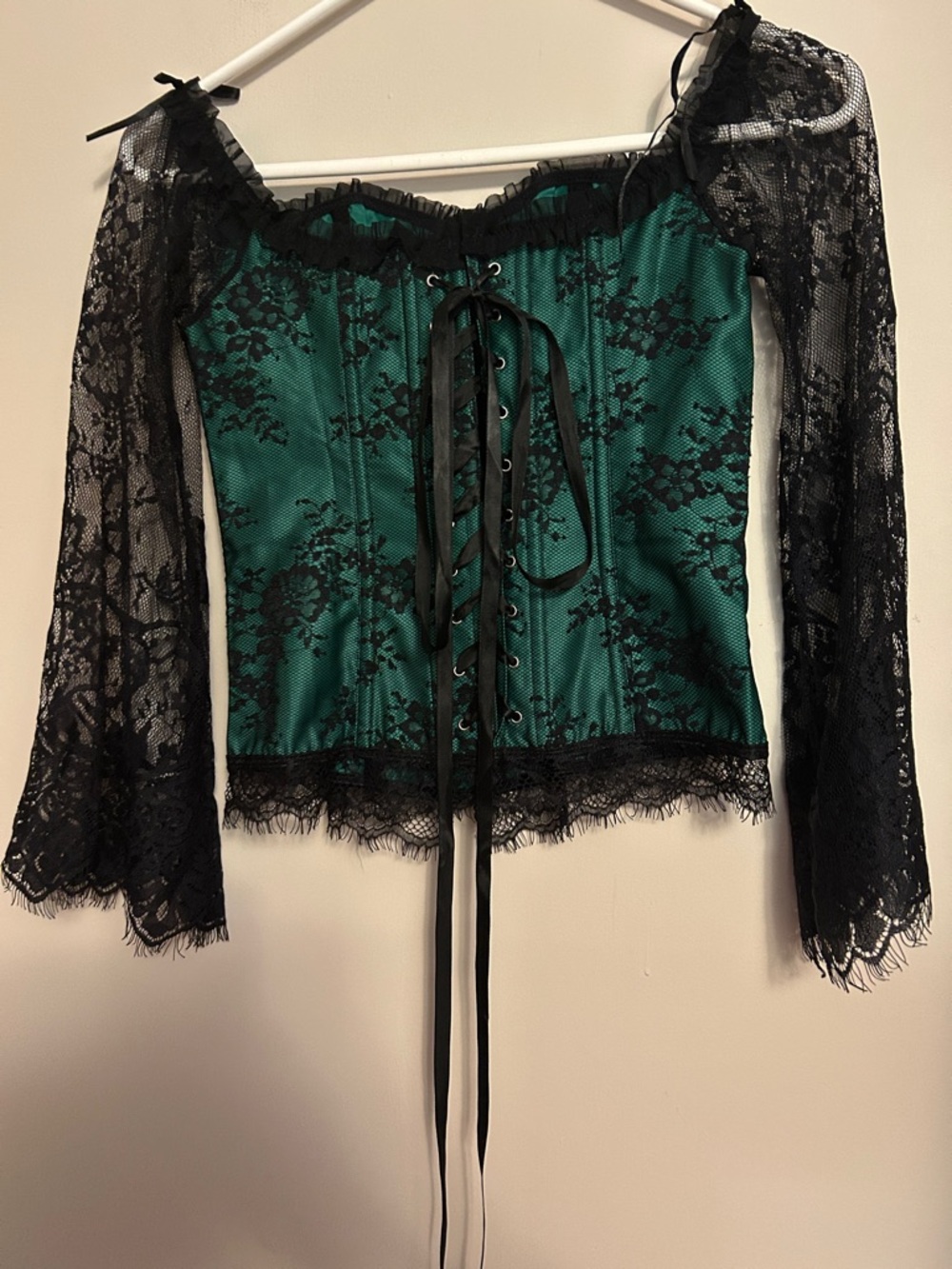 Green nylon/spandex lace-up corset  top with black lace cover/sleeves. Size M